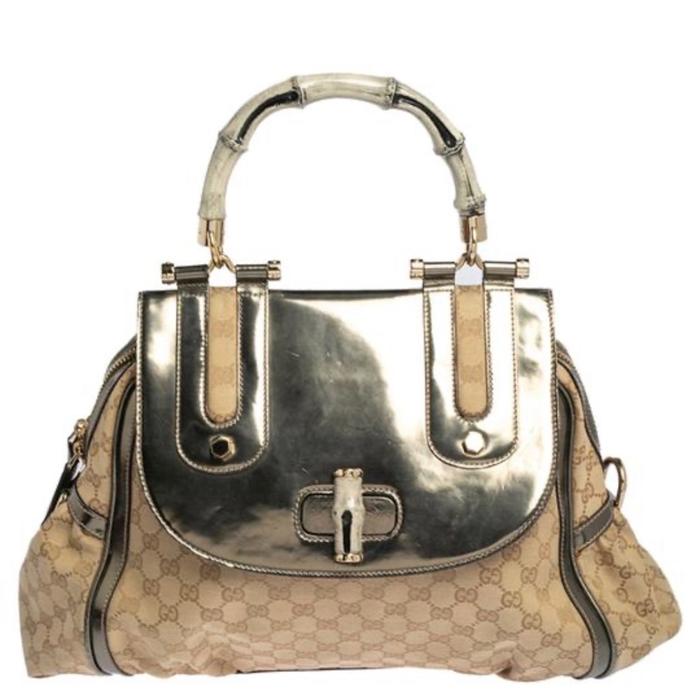 Beige/Grey Canvas and Leather Bamboo Satchel